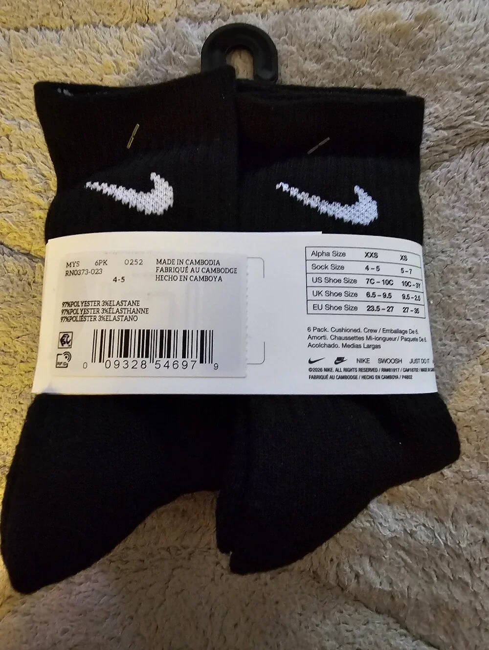 Nike Black Crew Cushioned Athletic Socks — 6 Pack Size 7c-10c